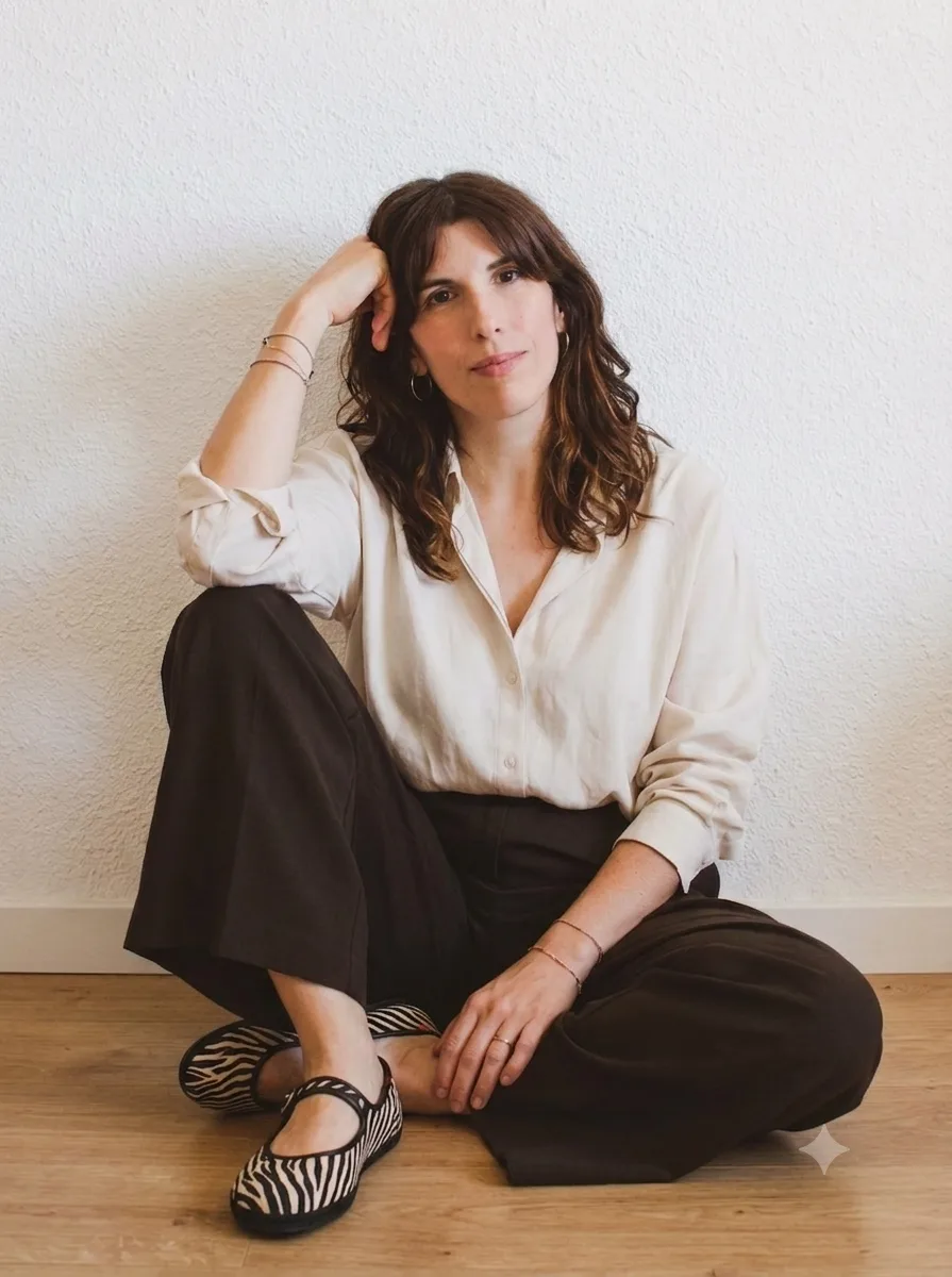 Mónica sentada, con un modelo barefoot puesto